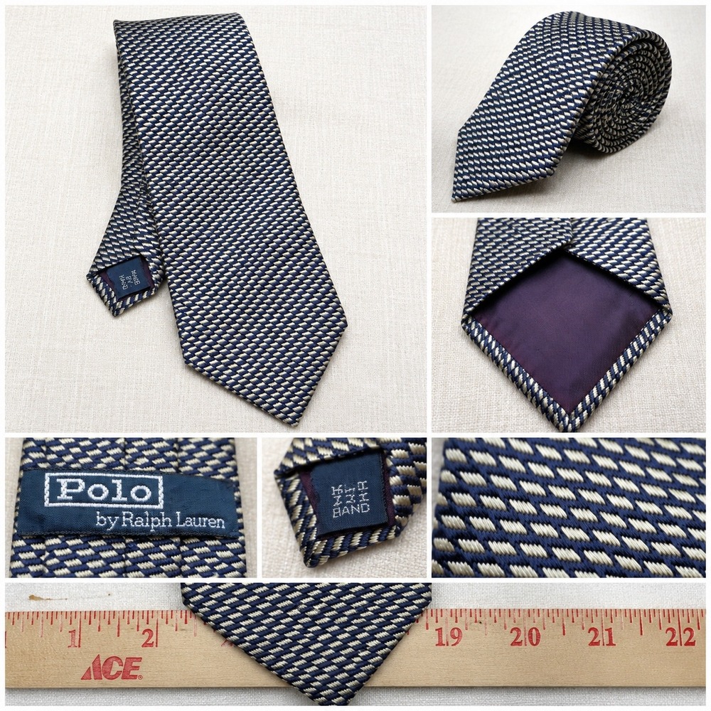 VTG Polo Ralph Lauren Basket Weave‎ Tie Mens Navy Blue Gold Silk Made in USA